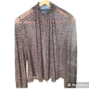 Wild Fable Mob Wife Vibes Blouse Sz M Leopard Print Mesh Mock Neck Sheer